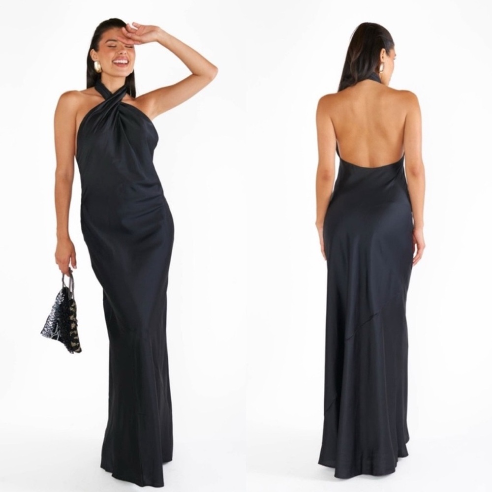 Show Me Your MuMu Black Jasmine Halter Luxe Satin Maxi Dress Size XS